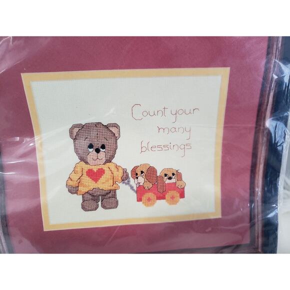 NEW‎ COUNT YOUR BLESSINGS dog puppy bear love Pitiful Pals Cross Stitch Kit Vtg - Picture 2 of 8